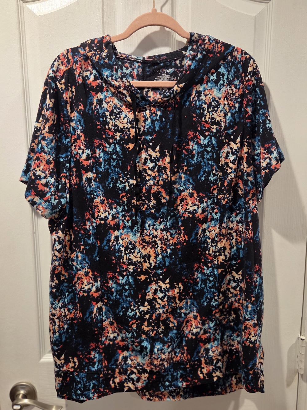Lane Bryant Black Hoodie Top with Blue and Orange Abstract Print